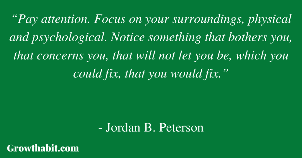 Jordan B. Peterson Quote 4: “Pay attention. Focus on your surroundings, physical and psychological. Notice something that bothers you, that concerns you, that will not let you be, which you could fix, that you would fix.” 