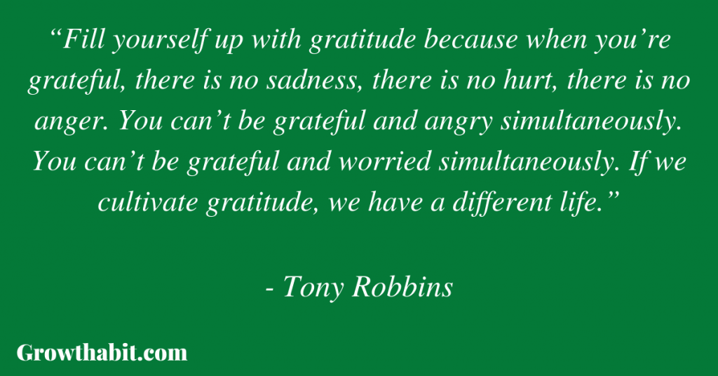 Tony Robbins Quote 5: “Fill yourself up with gratitude because when you’re grateful, there is no sadness, there is no hurt, there is no anger. You can’t be grateful and angry simultaneously. You can’t be grateful and worried simultaneously. If we cultivate gratitude, we have a different life.”